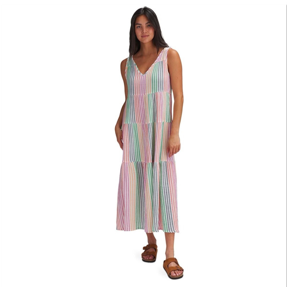 Marine Layer Resort Corinne Maxi Dress Large Multi Stripe Cotton Boho Vacation